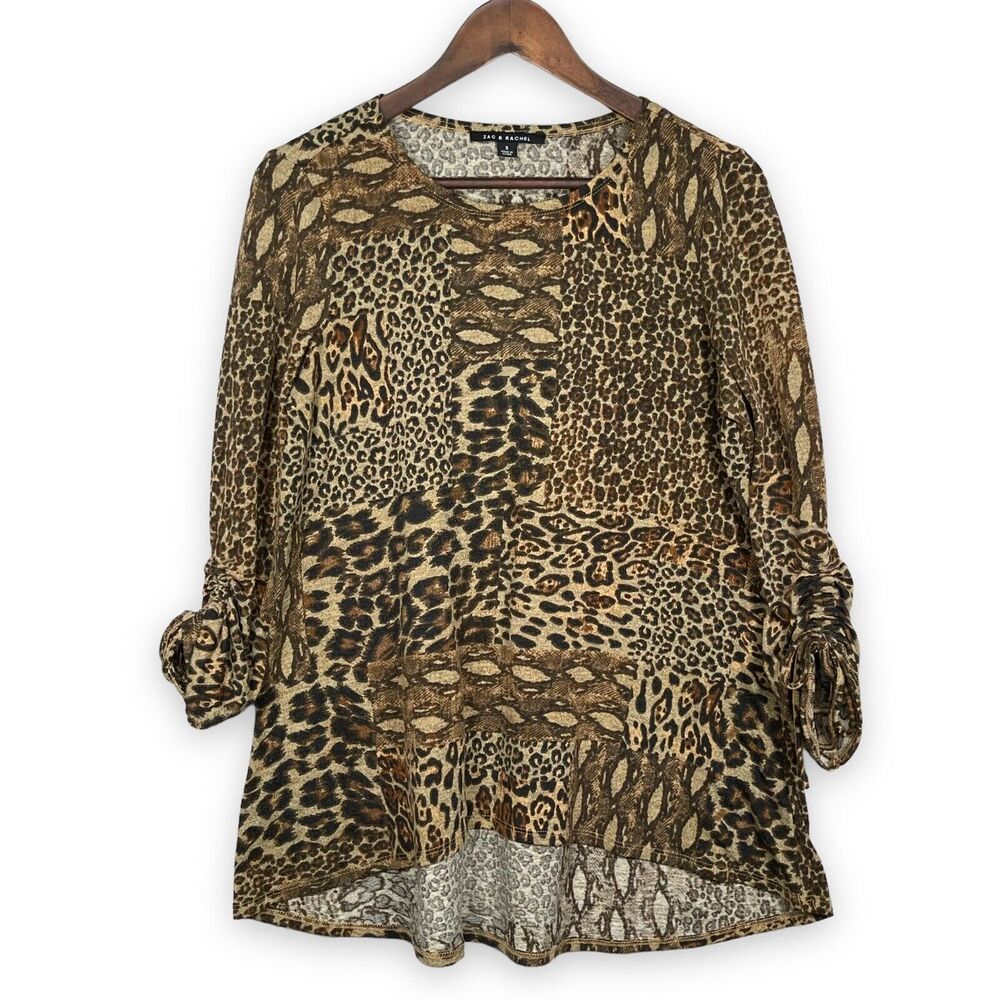 Zac & Rachel Tunic Top Women‎ Size S Hi-Lo Hem Ruched Sleeve Brown Animal Print